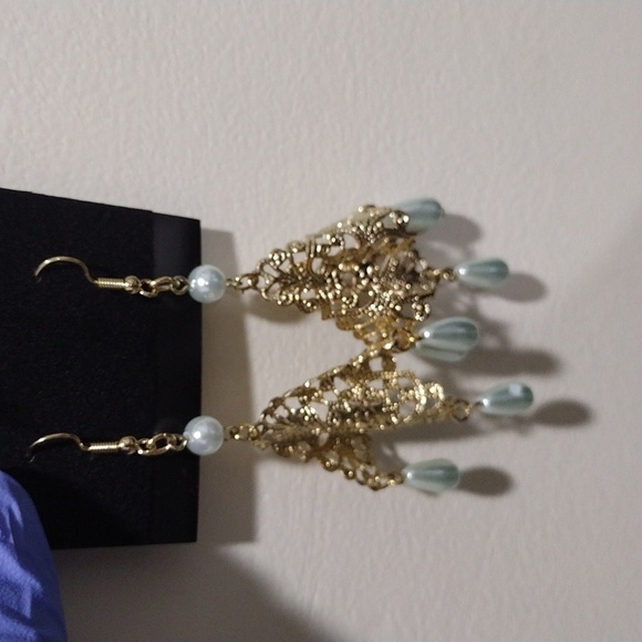 Women's Gold-tone Filigree Design 3.5" Long Beaded Drop Dangle Earrings, #2 - Picture 5 of 5